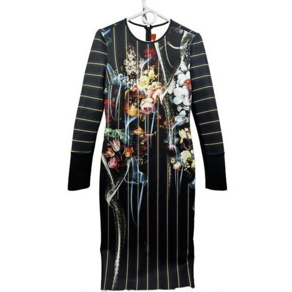 Clover Canyon Scuba Statement Dress‎ Small Black Floral Striped USA Made Bodycon